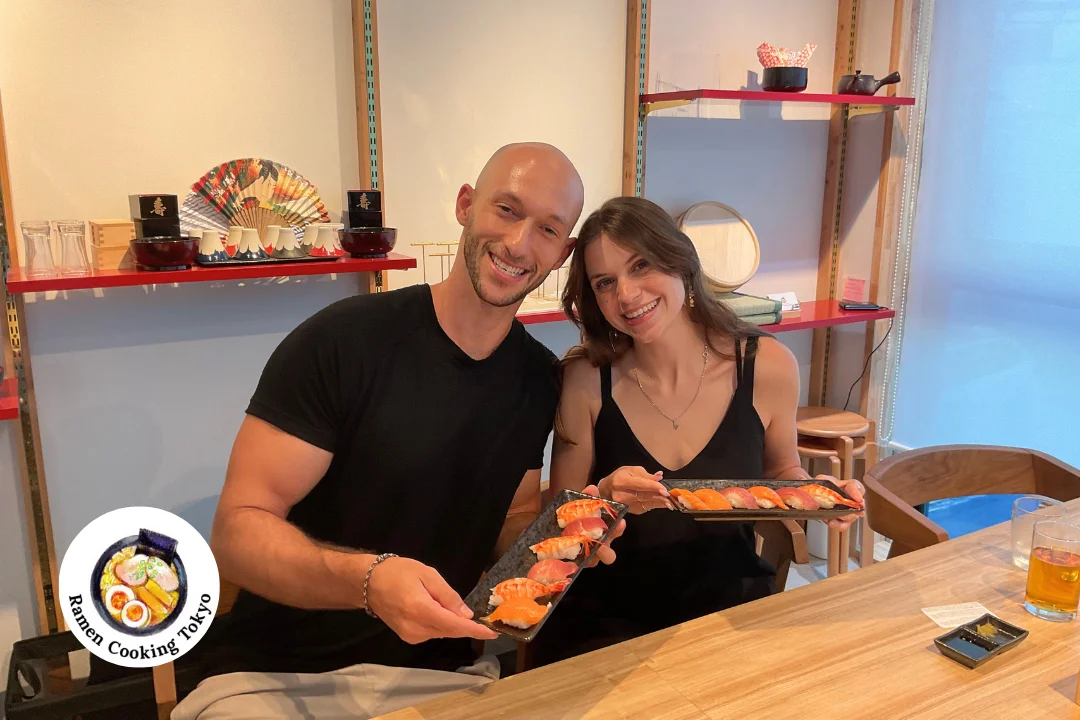 Happy couple enjoying their sushi and ramen date experience