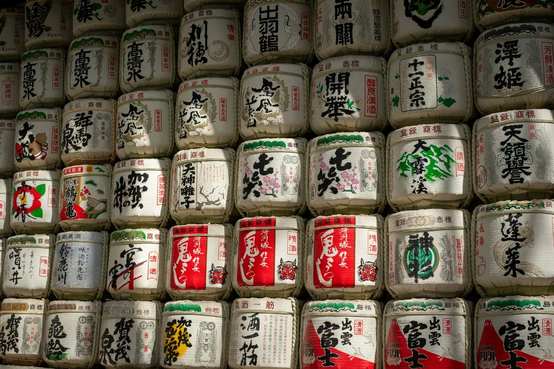 Traditional sake barrels (taru) representing Japanese sake culture