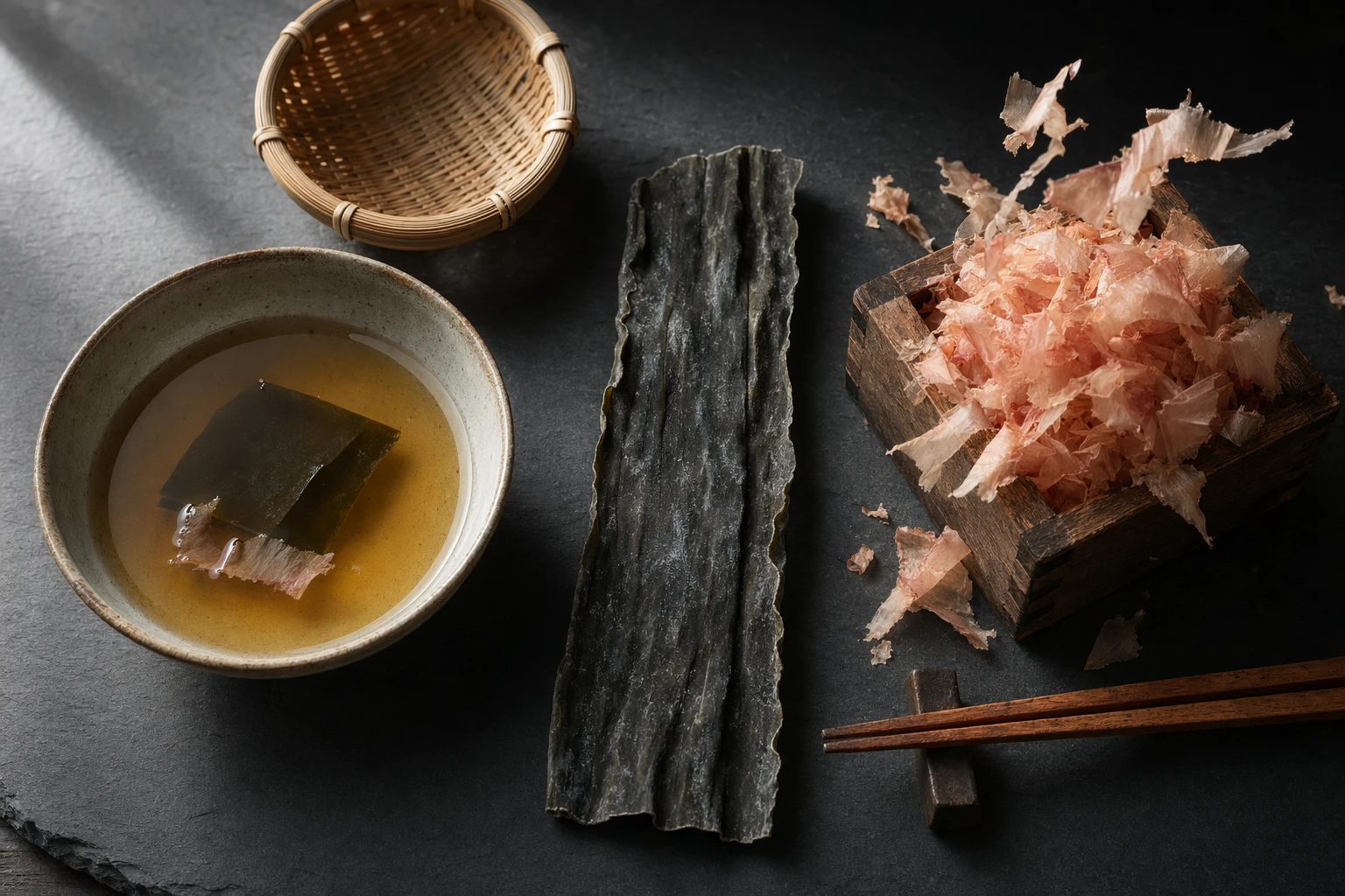 Close-up of dried kombu kelp and freshly shaved katsuobushi bonito flakes beside a dish of clear dashi