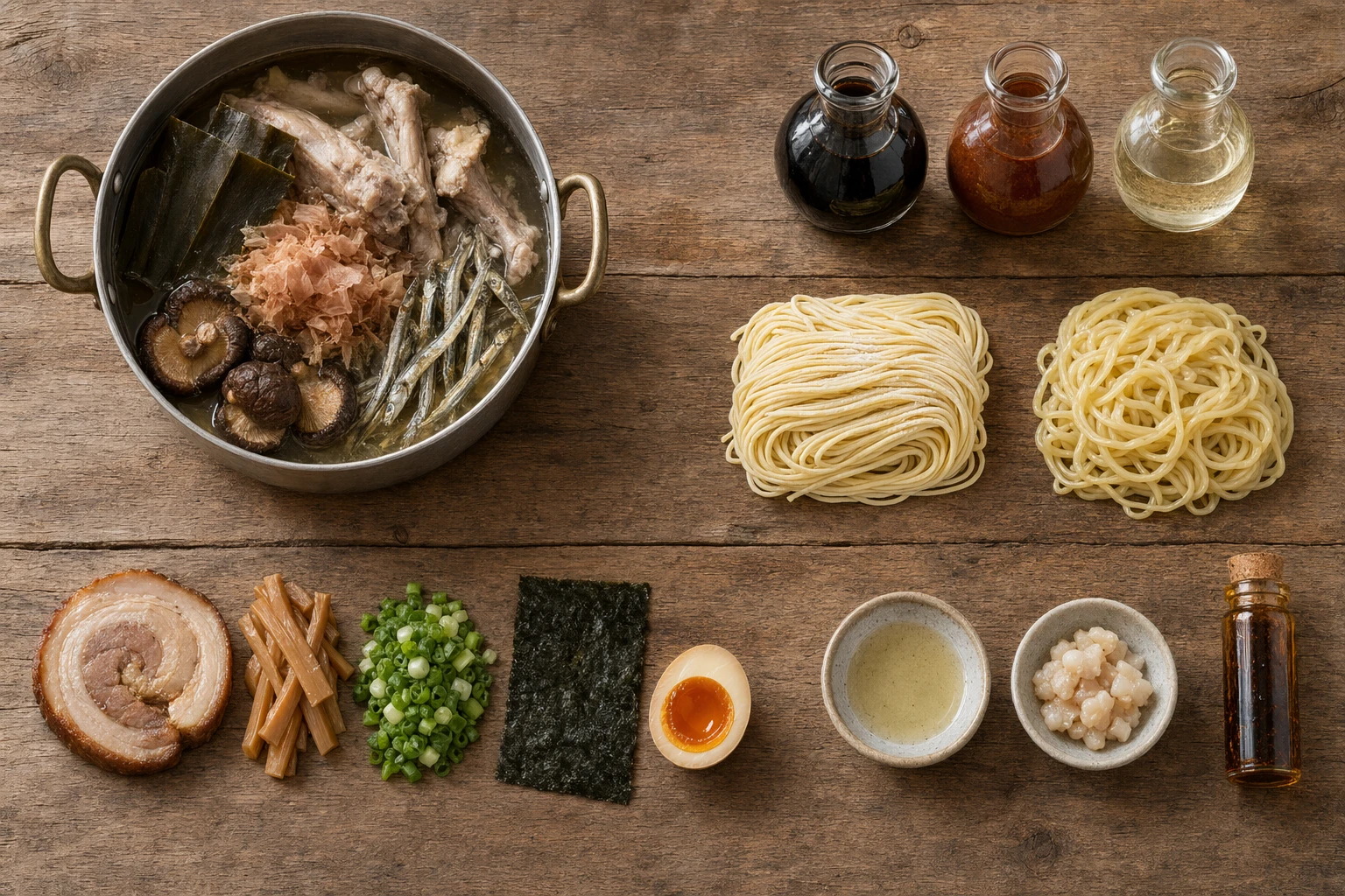 Overhead flat-lay showing the five elements of ramen: dashi ingredients, tare, kansui noodles, toppings, and oil