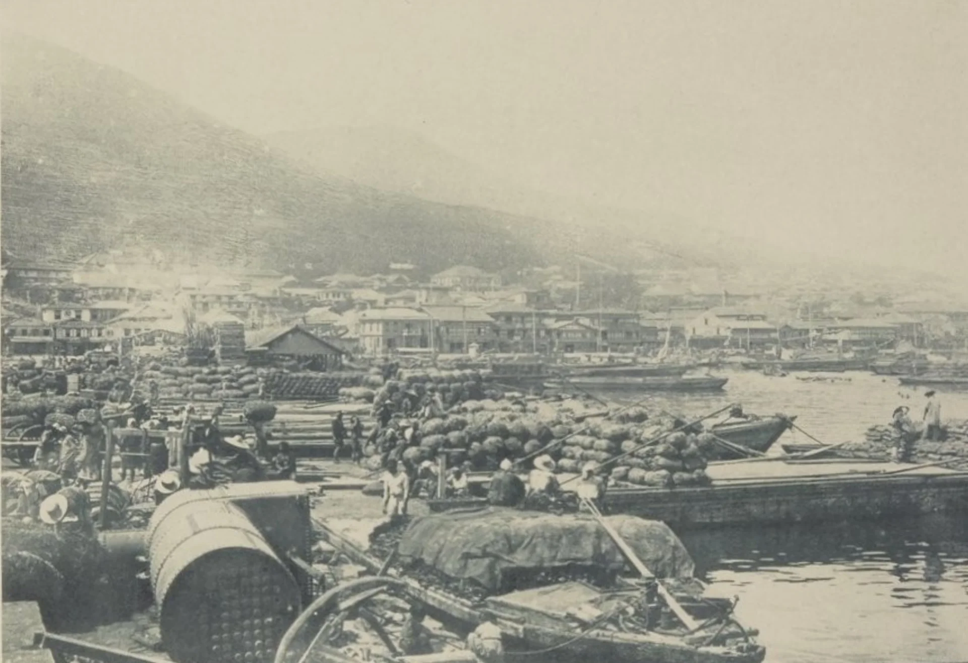 Black-and-white 1897 photograph of the port of Hakodate by Ogawa Kazumasa