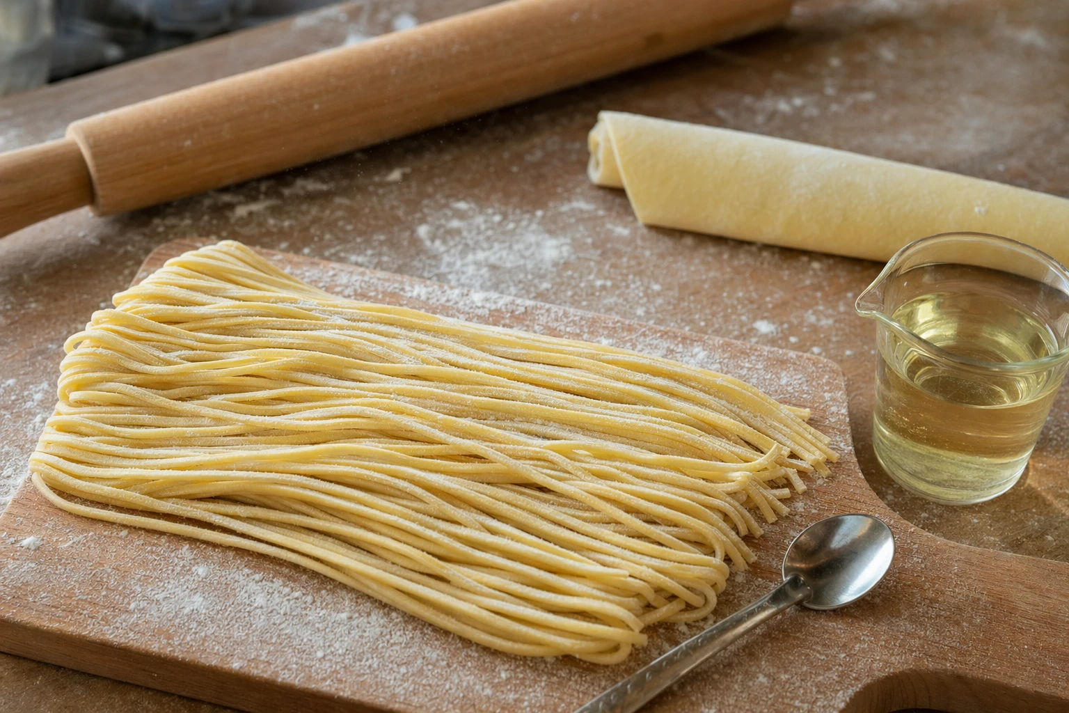 Close-up of hands working yellow kansui-alkaline ramen noodle dough in a workshop