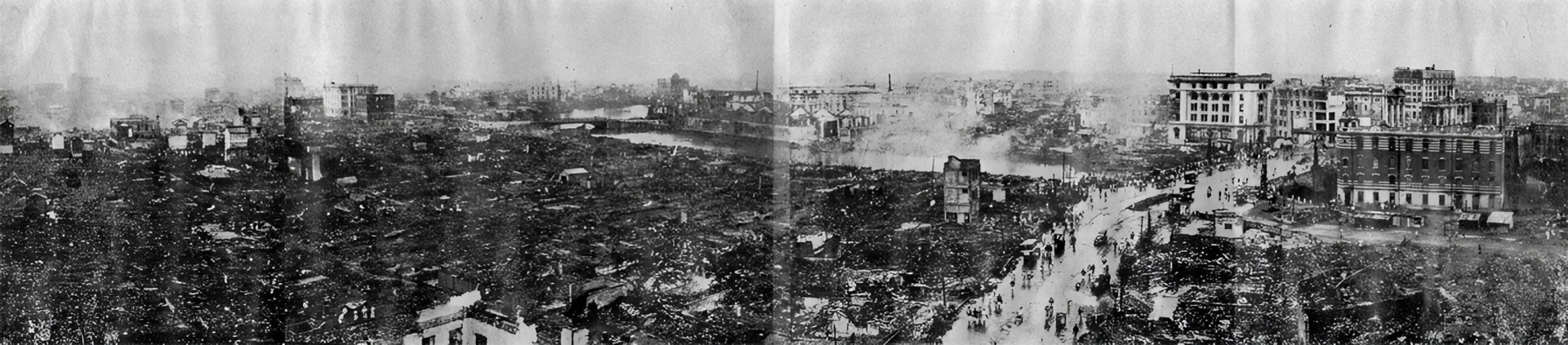 Panoramic black-and-white photograph of destroyed Nihonbashi and Kanda districts after 1923 Great Kantō Earthquake