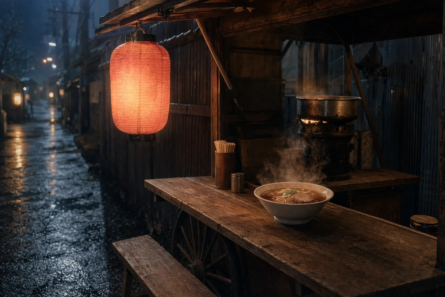 Atmospheric rendering of a postwar Japanese yatai food stall with steam rising from a ramen bowl at night