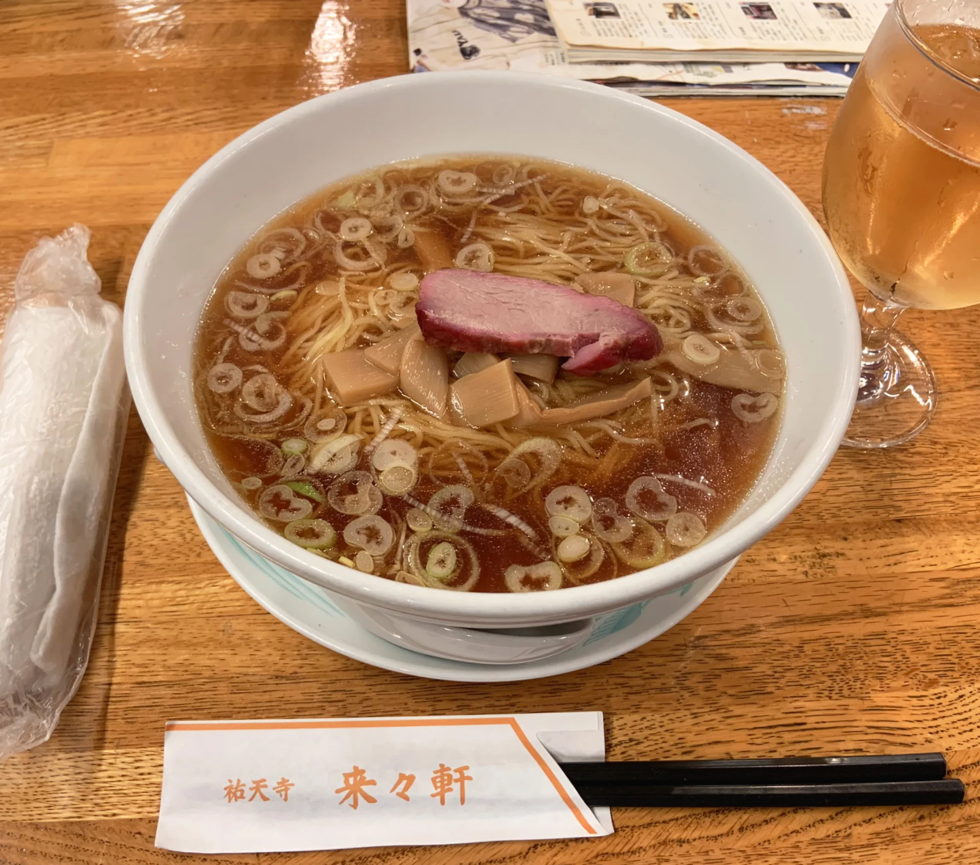 Bowl of clear shoyu ramen with chashu and menma at Yutenji Rairaiken, Tokyo