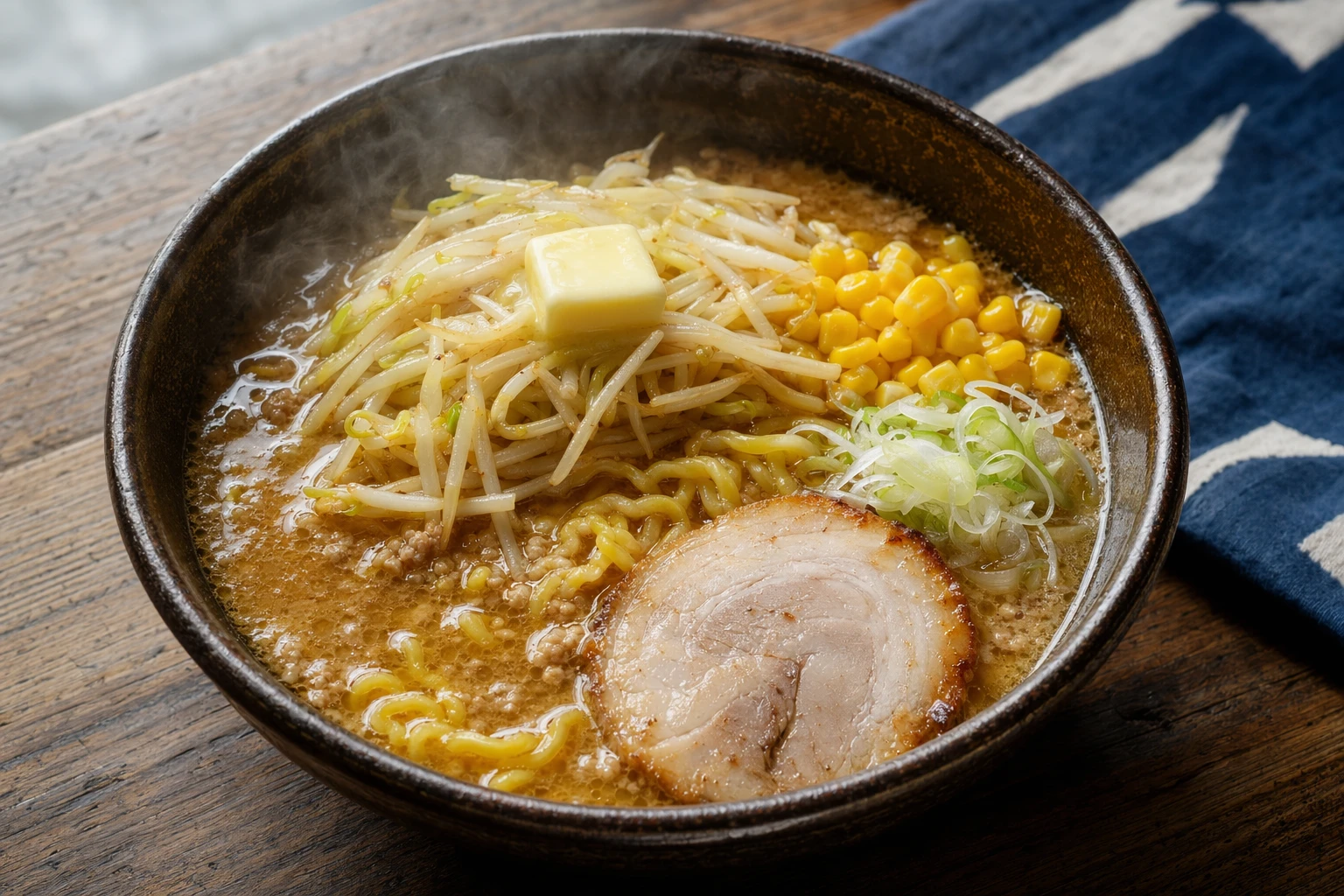 Bowl of Sapporo miso ramen with corn, butter, bean sprouts, and wavy thick noodles
