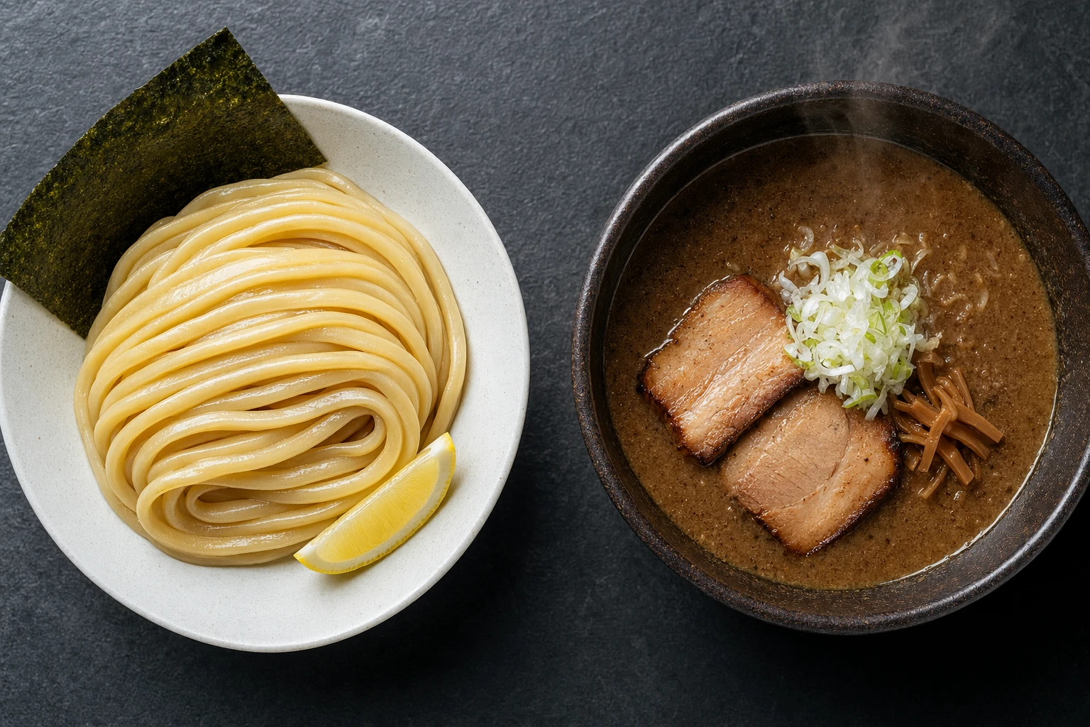 Bowl of second-generation tsukemen with extra-thick noodles and dark concentrated fish-powder dipping broth
