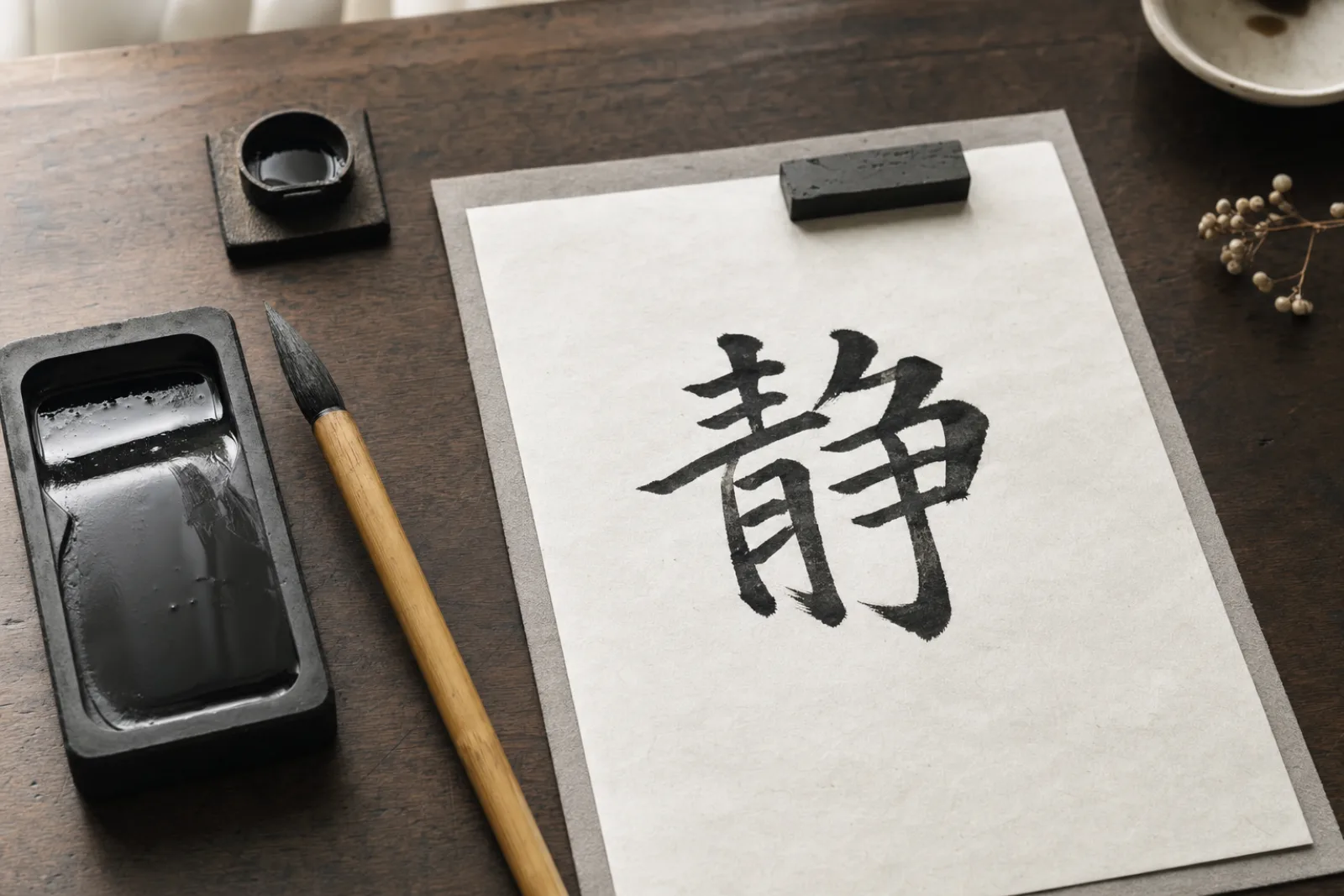 A Japanese calligraphy brush, ink stone and a hand-painted kanji on paper