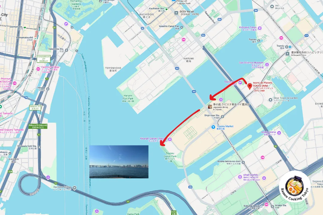 Map of the secret Rainbow Bridge walking route near teamLab Planets Tokyo