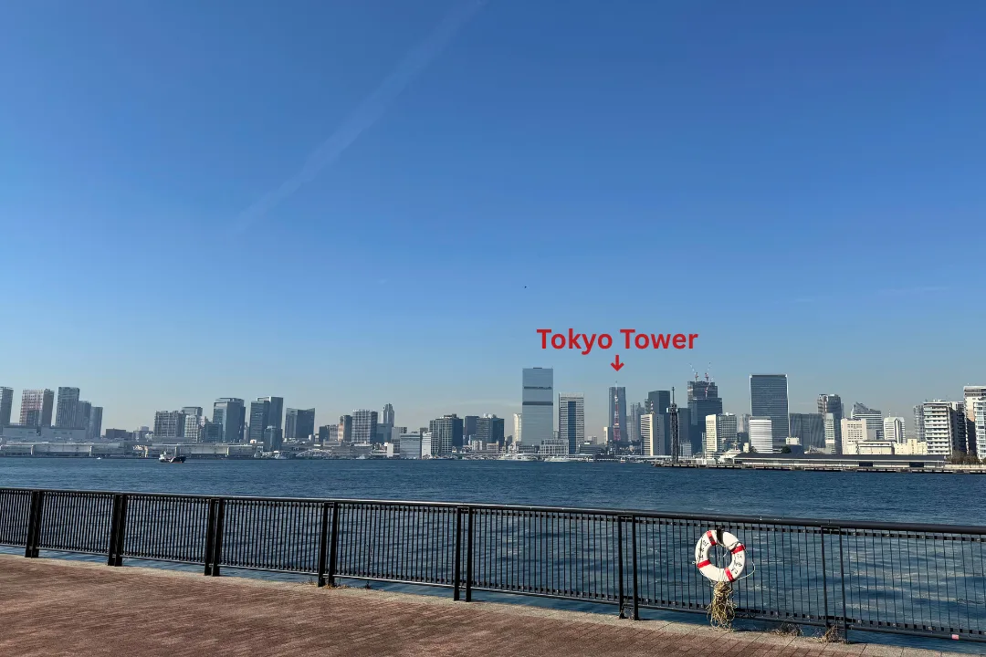 Tokyo Tower visible across the bay from Toyosu waterfront