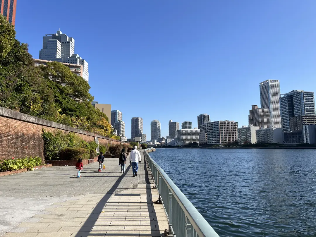 Tokyo’s waterfront promenade near Tsukishima — a peaceful walk after a cooking class