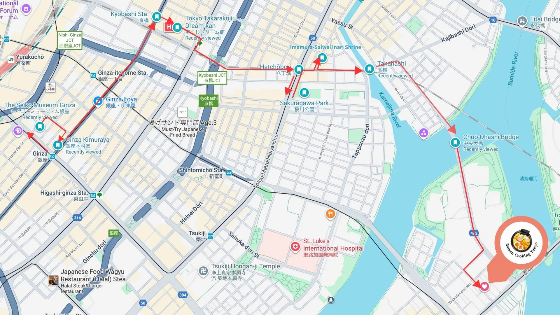 Mapa completo de la ruta desde Ginza hasta Ramen Cooking Tokyo