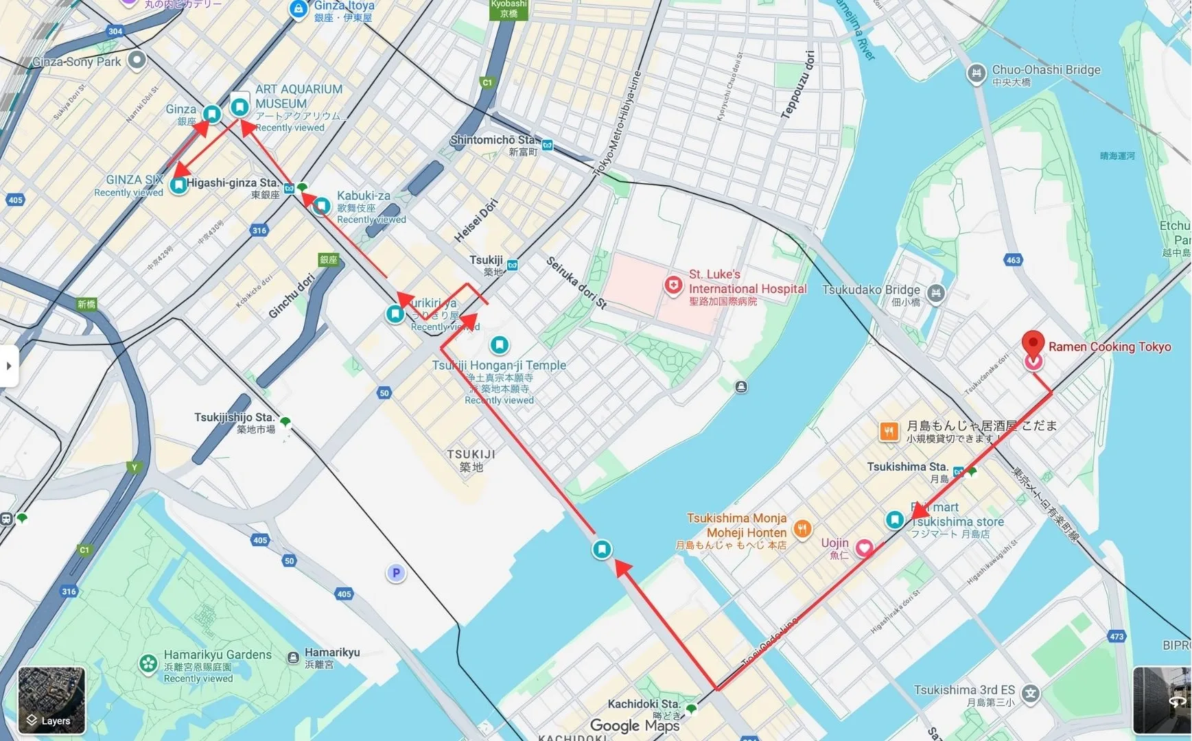 Walking route map from RCT to Ginza