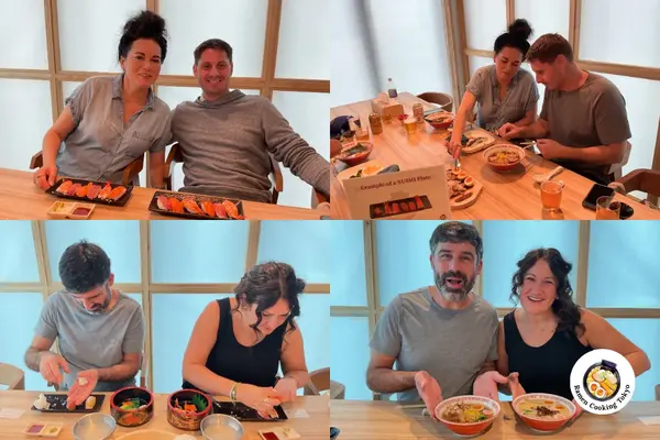 Collage de parejas disfrutando la experiencia de cocina de sushi y ramen